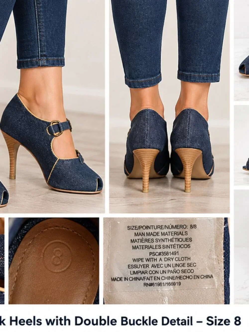 Cute Denim Look Heels with Double Buckle Detail - Size 8